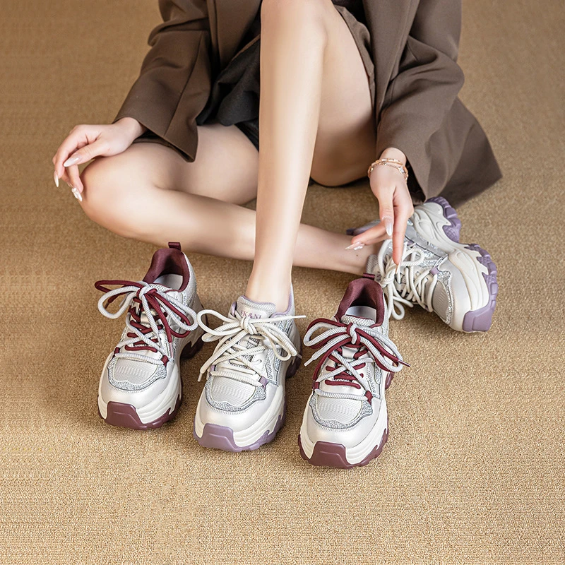 

Womens Silver Burgundy Colorblock Platform Chunky Sneakers Glitter Detail Breathable Casual Dad Shoes For Daily Wear Comfortable