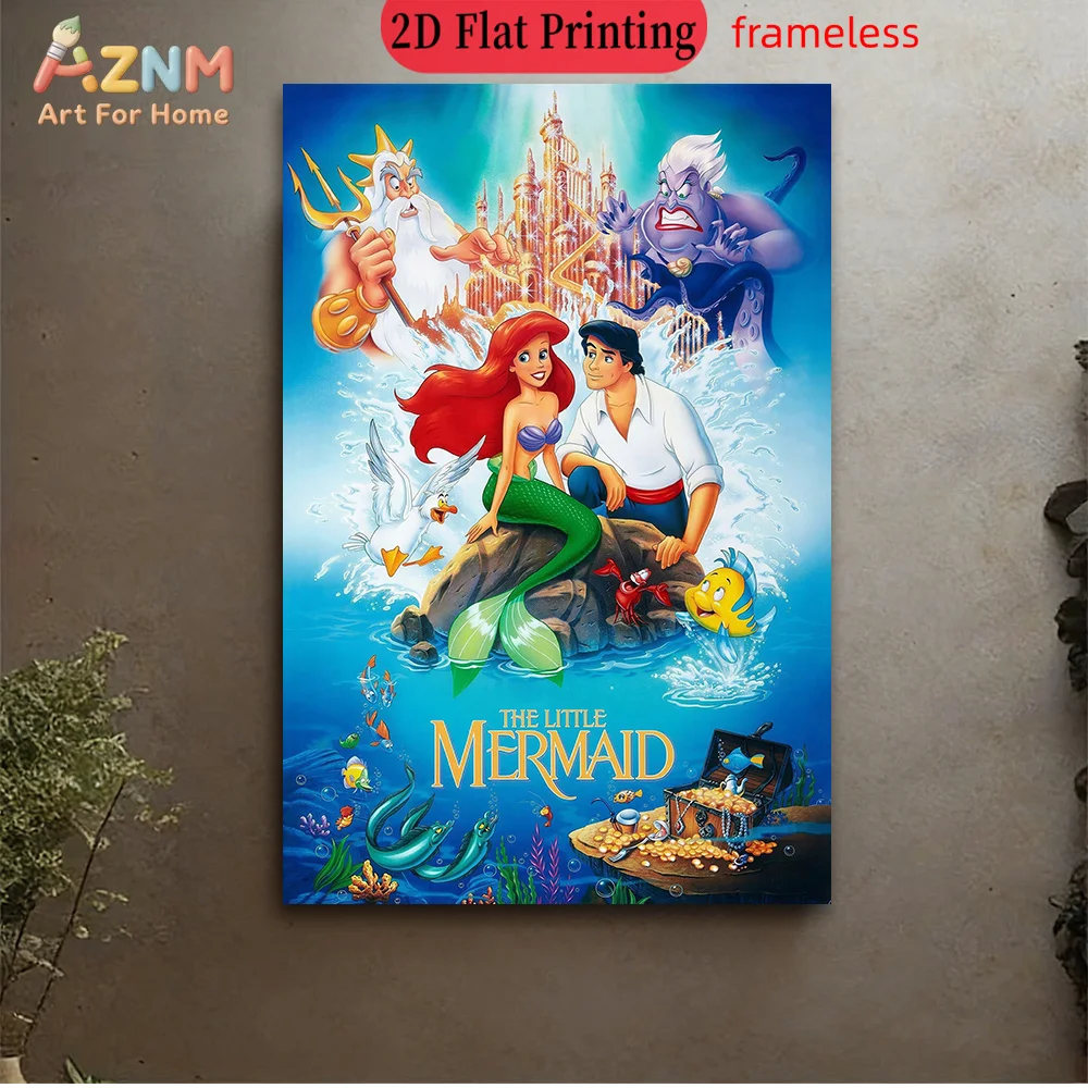 AZNM La Sirenita, Lienzo sin Marco para Decoración de Pared, Arte de Disney con Ariel, Eric, Rey Tritón, Ursula, Sebastian, Flounder y Tesoro Submarino