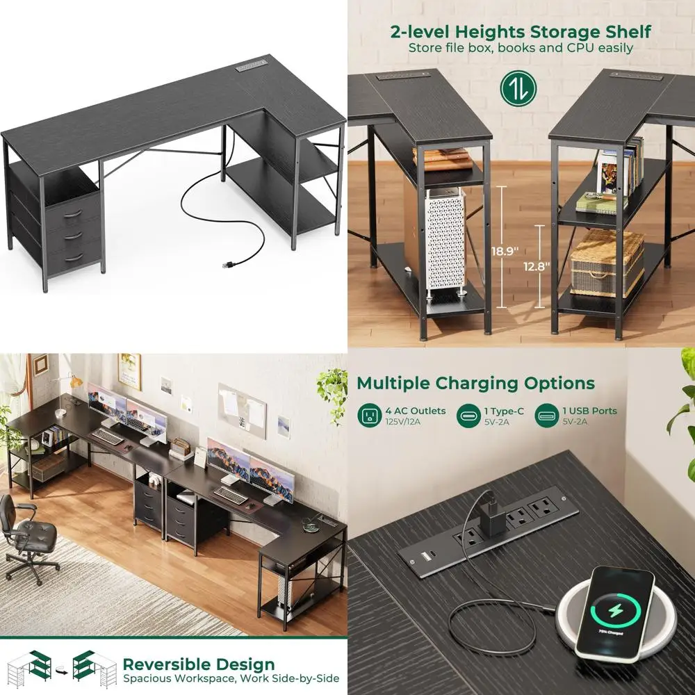 

Large L-Shaped Desk with Integrated Power Outlets, 63 Reversible Desk with 3 Drawers and Storage Shelves, Ideal Home Office Desk