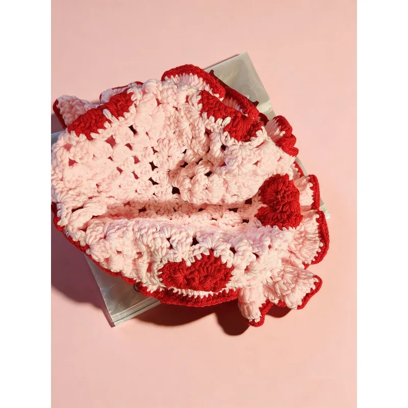 Ladies' Handmade Crochet Heart-Shaped Knitted Hat Spring And Autumn Grandmother Square Basin Hat Hollowed Out Wave Fisherman Hat