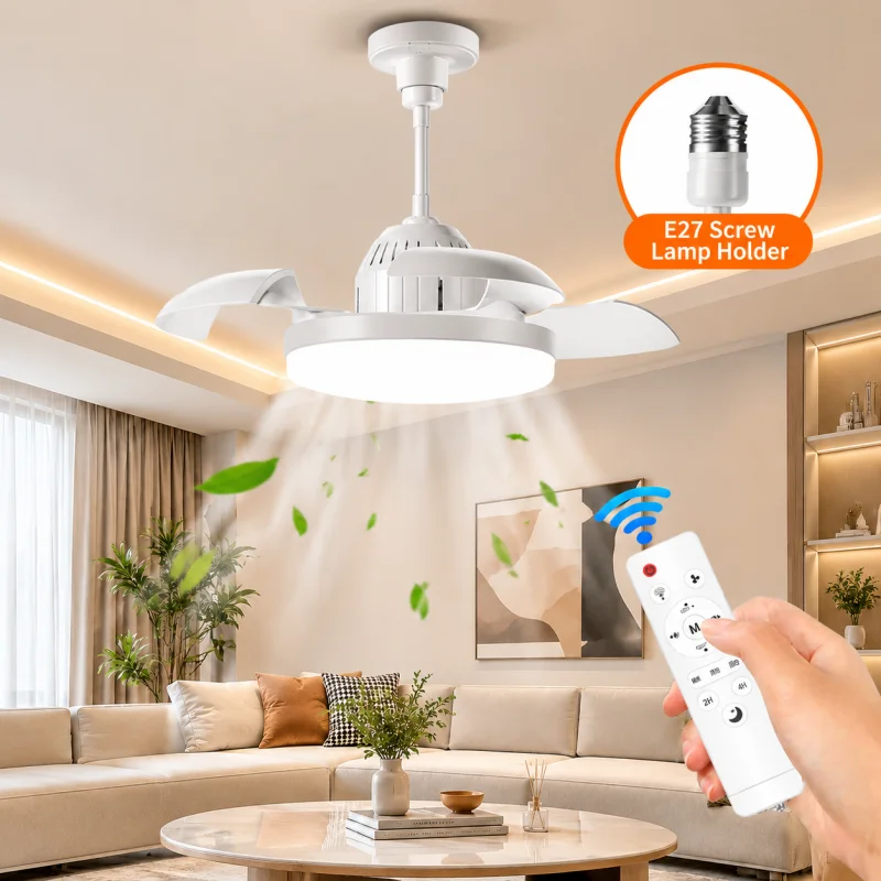 Smart Ceiling Fan with Lamp, Remote Control Dimmable LED Ceiling Fan Light , Retractable Blades,Timer Function for Living Room