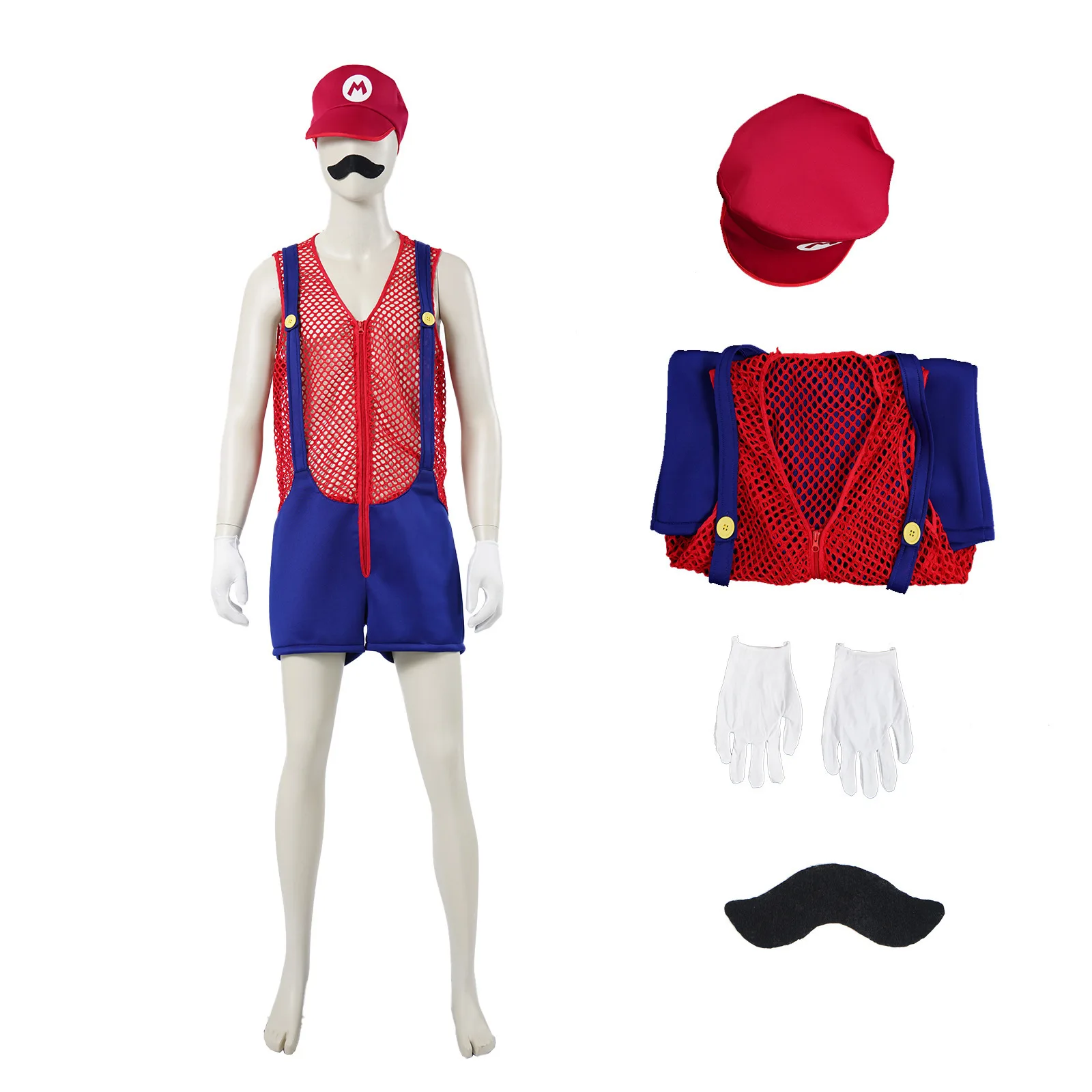 Disfraz de Cosplay de Hermano de Videojuego Retro para Hombre, Chaleco de Malla Rojo, Mono, con Sombrero, Guantes y Bigote, para Fiesta de Halloween