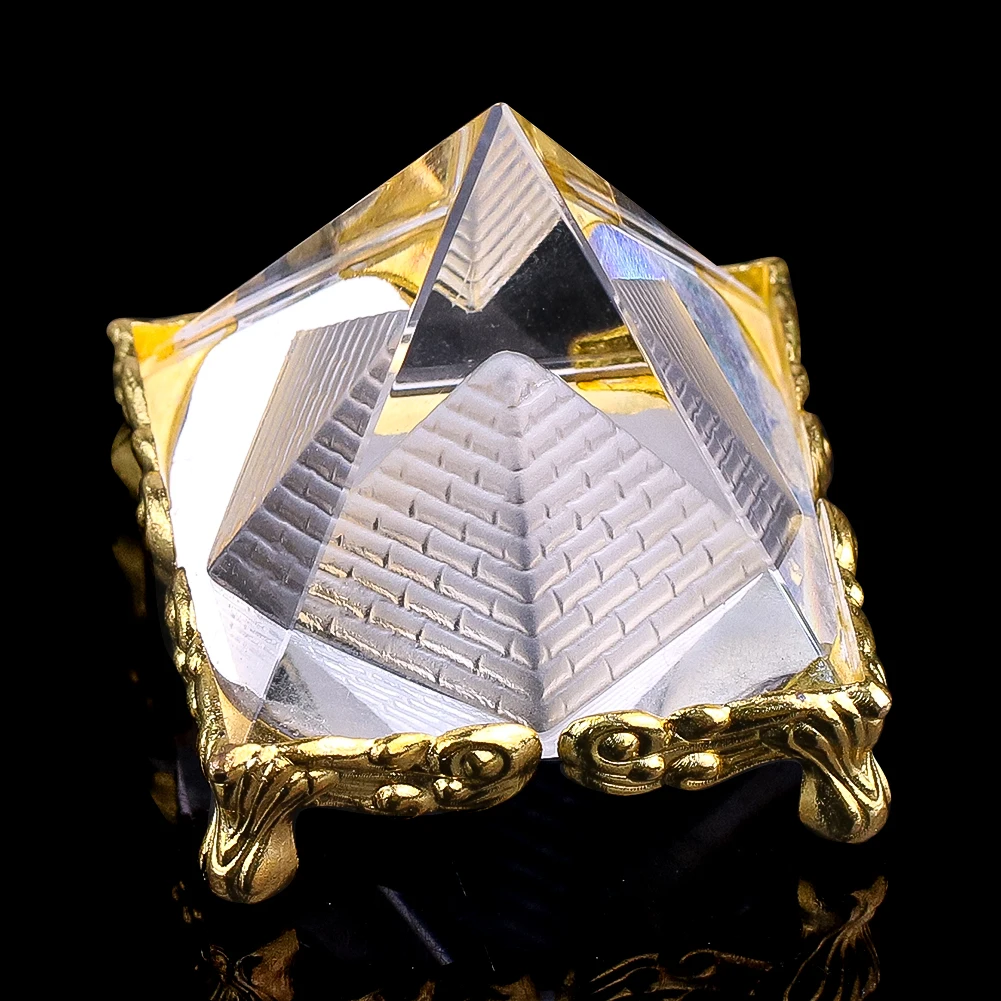 Mini Crystal Pyramid 3D Laser Engraved Double Layer Gold Plated Bracket Feng Shui Ornament Desktop Paperweight Miniatures Model