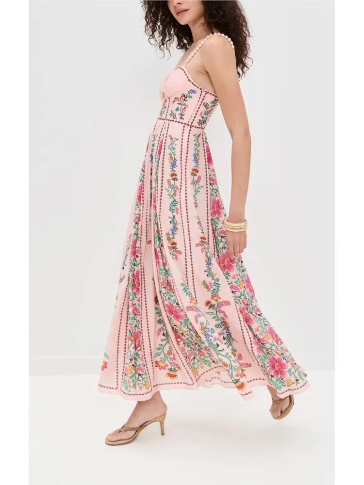 

Elegant Woman' S Pink Floral Print Long Dress Fashion Sleeveless High Waisted Camisole Dresses Summer Lady Pretty Beach Vestidos