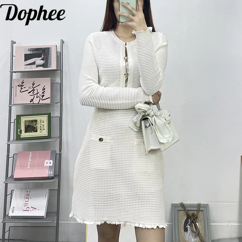 Dophee 2024 New Spring Summer Elegant Ivory Lady Knitted Dress Long Sleeve Hollow Out Metal Button Short A-line Knitting Dress