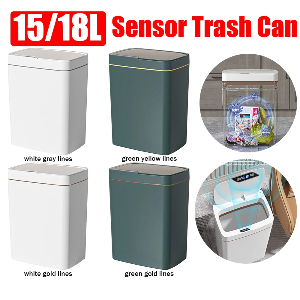 15/18L Auto Motion Sensor Rubbish Can Automatic Trash Bin Waterproof Quiet Wastebasket Rechargeable for Kitchen Bathroom Bedroom