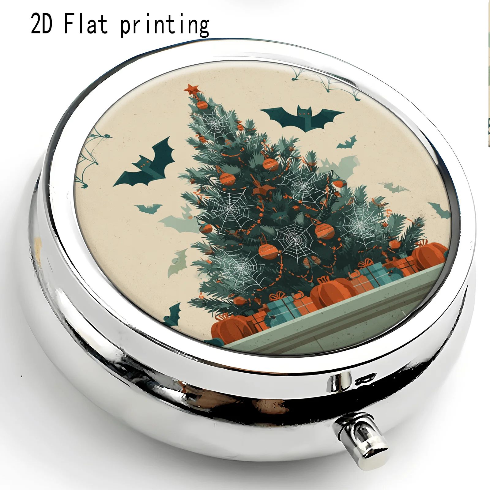 1Pc, Flat, Retro Halloween Bat and Christmas Tree Pattern, Durable Plastic and Metal Material, Portable and Can Be Placed in a Handbag, Ideal for Travel, Creative and Unique Gift, Dedicated Medicine Box for Handbags