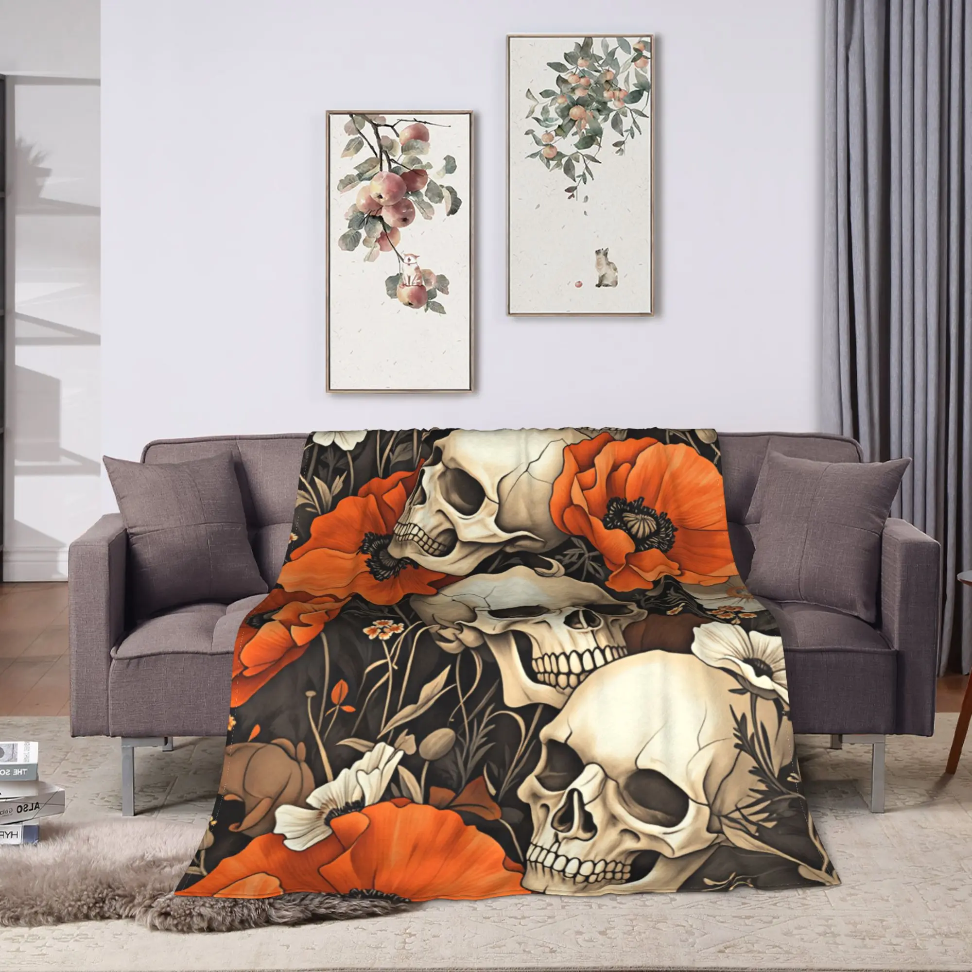 Warm Blanket Travel Skull Orange Poppy Flower Seamless Pattern Bedding Throws Novelty  Bedspread For Living Room