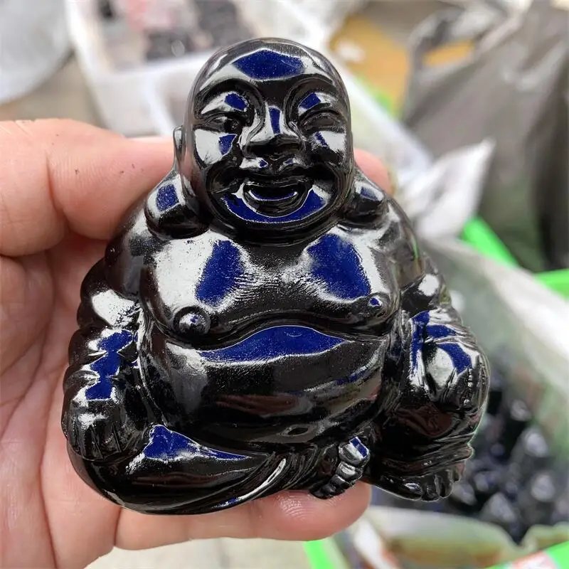 Natural Black Obsidian Buddha Carving Healing Crystal Fengshui Fashion Buddhism Home Decoration Gift