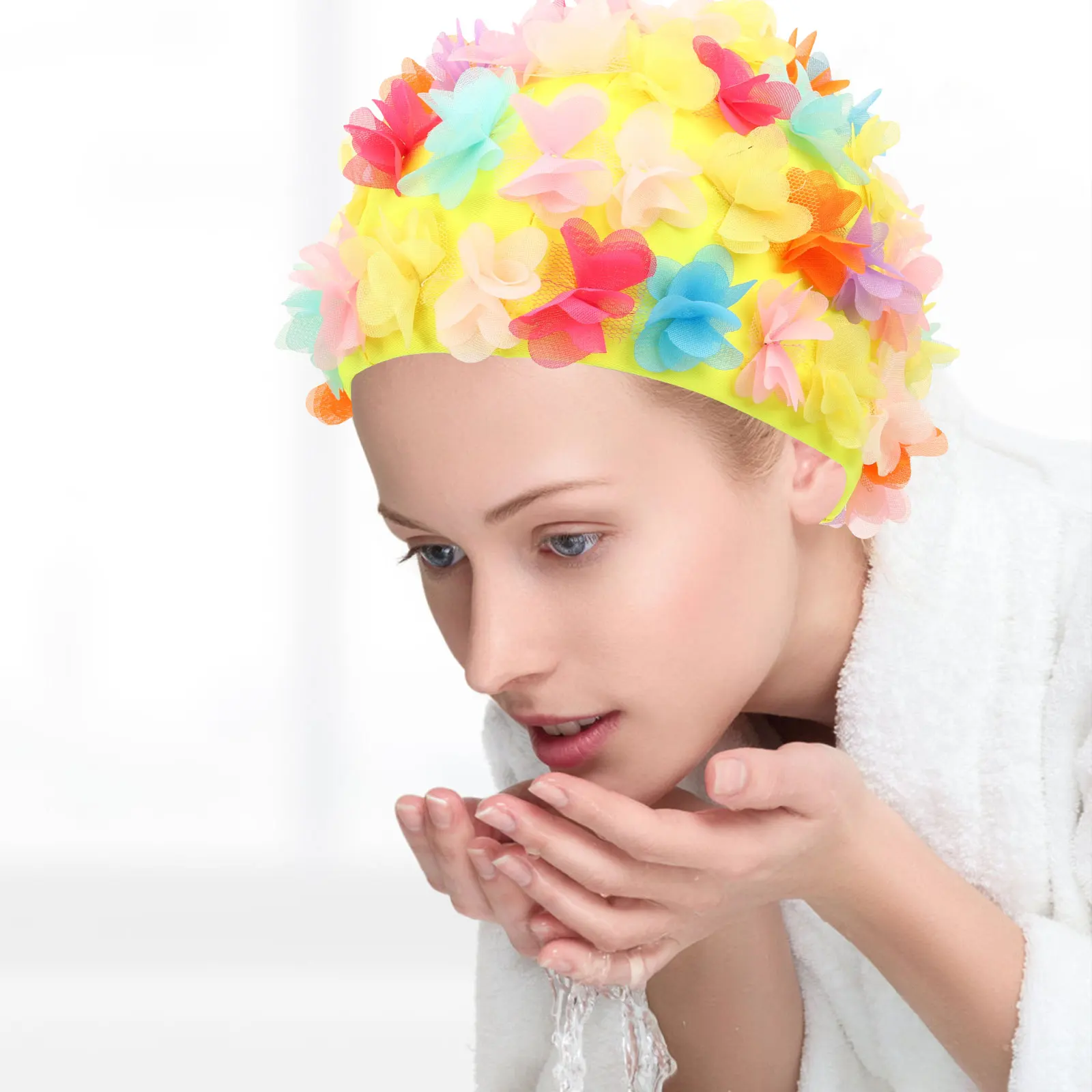

Brim Retro Flower Shower Cap Bathing Caps for Swimming Tab Ladies Women Long Hair