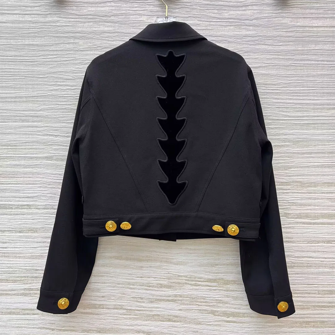 2025 New Autumn Black Velvet Patchwork Vintage Short Design Jacket Women Lapel Gold Buttons Long Sleeve Streetwear Designer Coat