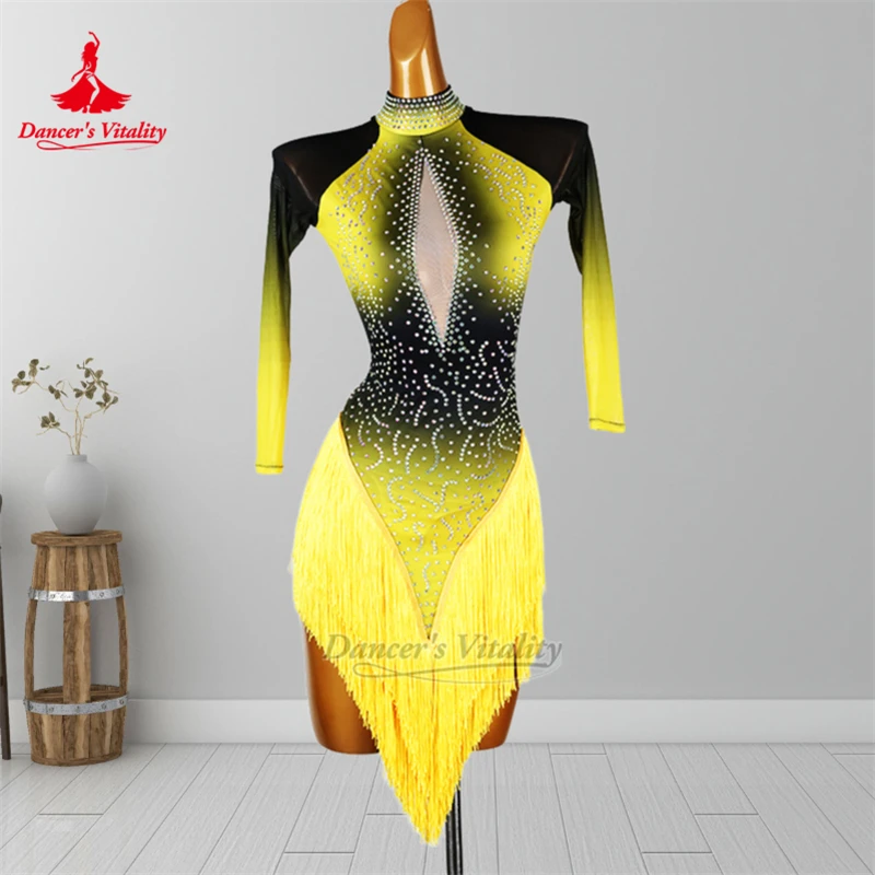 Lateinisch Schwarz-Gelb Abstufung Farbe Chacha Stehkragen Quasten Rock Kind Erwachsene Kunstprüfung Kleiden Anpassen Dancer's Vitality