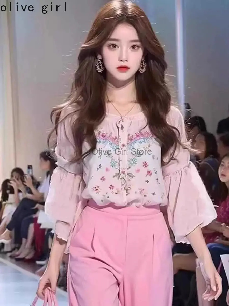

Elegant Shirt Short Sleeved Pink Straight Leg Pants Two-piece Set for Women's Summer High-end Women's Clothing Outfits