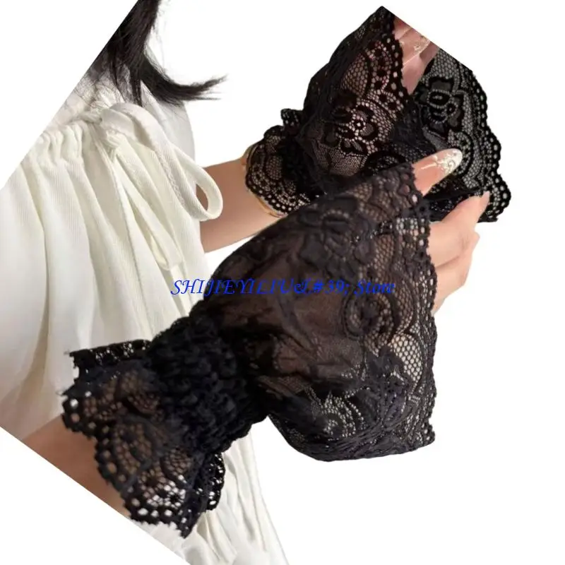 E21F Lace Faux Sleeve Cuffs Pair for Adults Sheer Lace Elastic Wrist Cuffs for Costume Styling and Photo Use Daily Wear