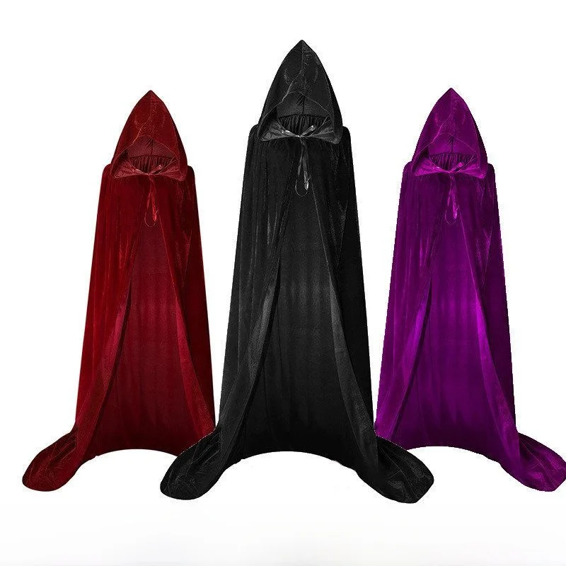 

Cross-Border Halloween Long Velvet Robe Hat Hooded Costume Witch Role-Playing Black Cloak Women's Fashion Winter Stage Costume
