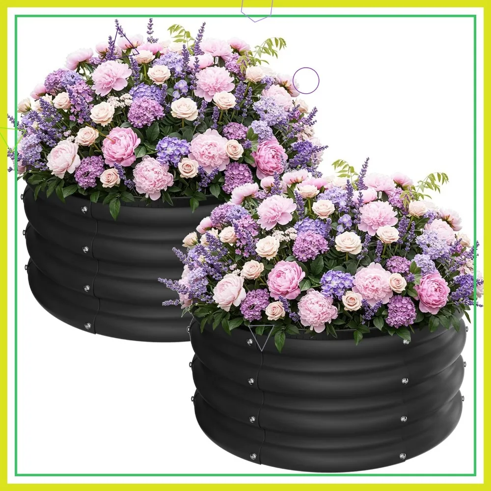 

Комплект круглой оцинкованной садовой кровати, черный уличный садовый ящик для овощей, металлические кровати 2x2x1 футов, 2 шт.