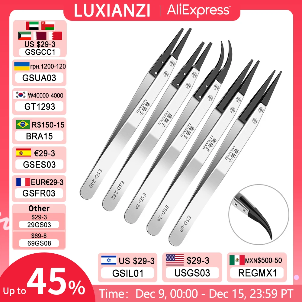 LUXIANZI 3Pcs AntiStatic Tweezers For Soldering Repair Hand Tools Stainless Steel Forceps With Plastic Tips Electrician Tweezers