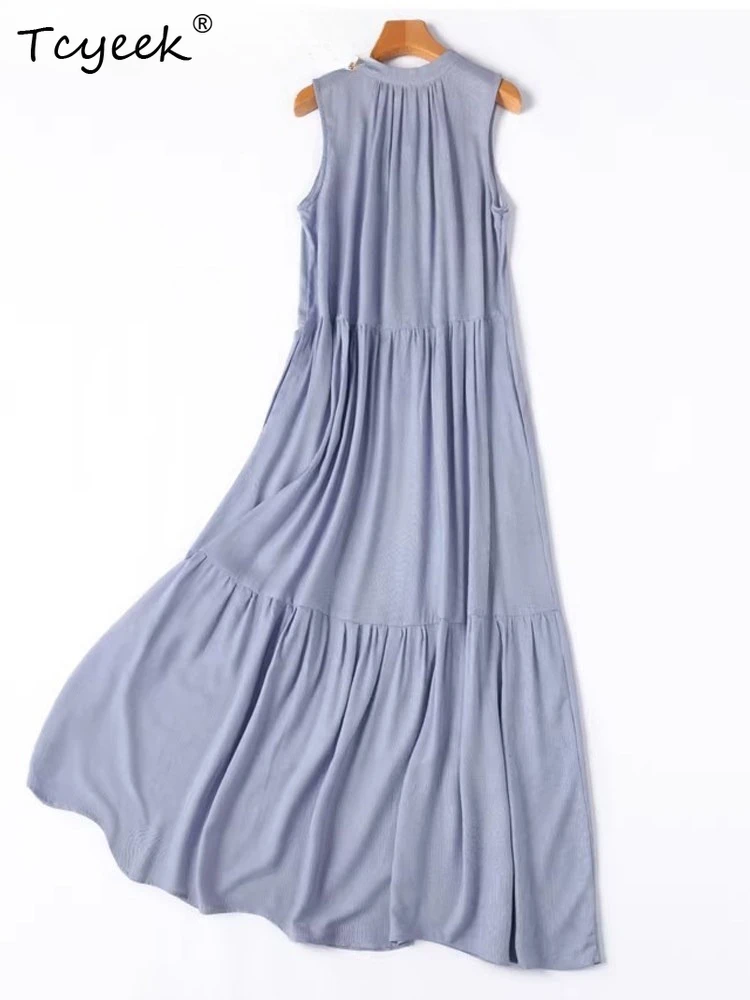 

Платье макси Tcyeek из 50% шелка тутового шелкопряда и 50% хлопка, элегантное женское платье в полоску, модная летняя одежда, свободное платье Vestido Mujer