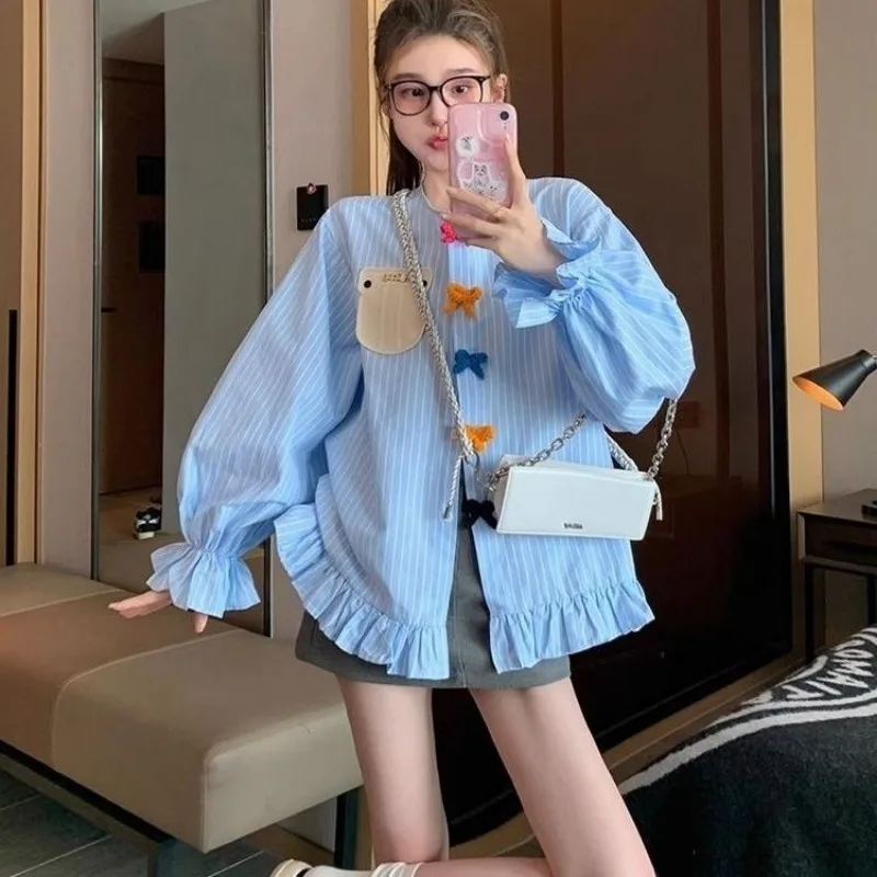 Hikigawa Chic Fashion Women Loose Vintage All Match Sweet Blue Striped Bow Shirts Casual Ruffled Preppy Style Blouse Tops Mujer