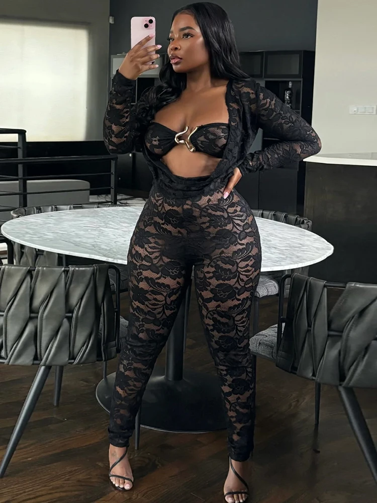 

Insglas See Through Jacquard Jumpsuit+Bra Women Swing Collar Sexy Hipster Midnight Party Clubwear Stretch Workout Fad Overalls
