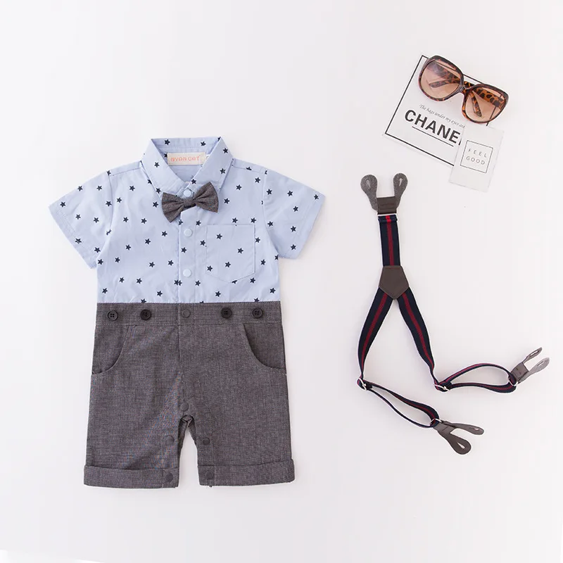 Baby Boys Blue Star Print Summer Short Sleeve Suspenders Jumpsuit RomperBodysuit Toddler Infant Casual Wear Baby Outfits