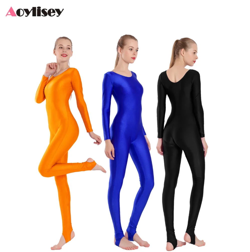 Femmes Spandex Unitards étriers Ballet Costume à manches longues adulte gymnastique corps complet Dancewear combinaison entraînement combishorts
