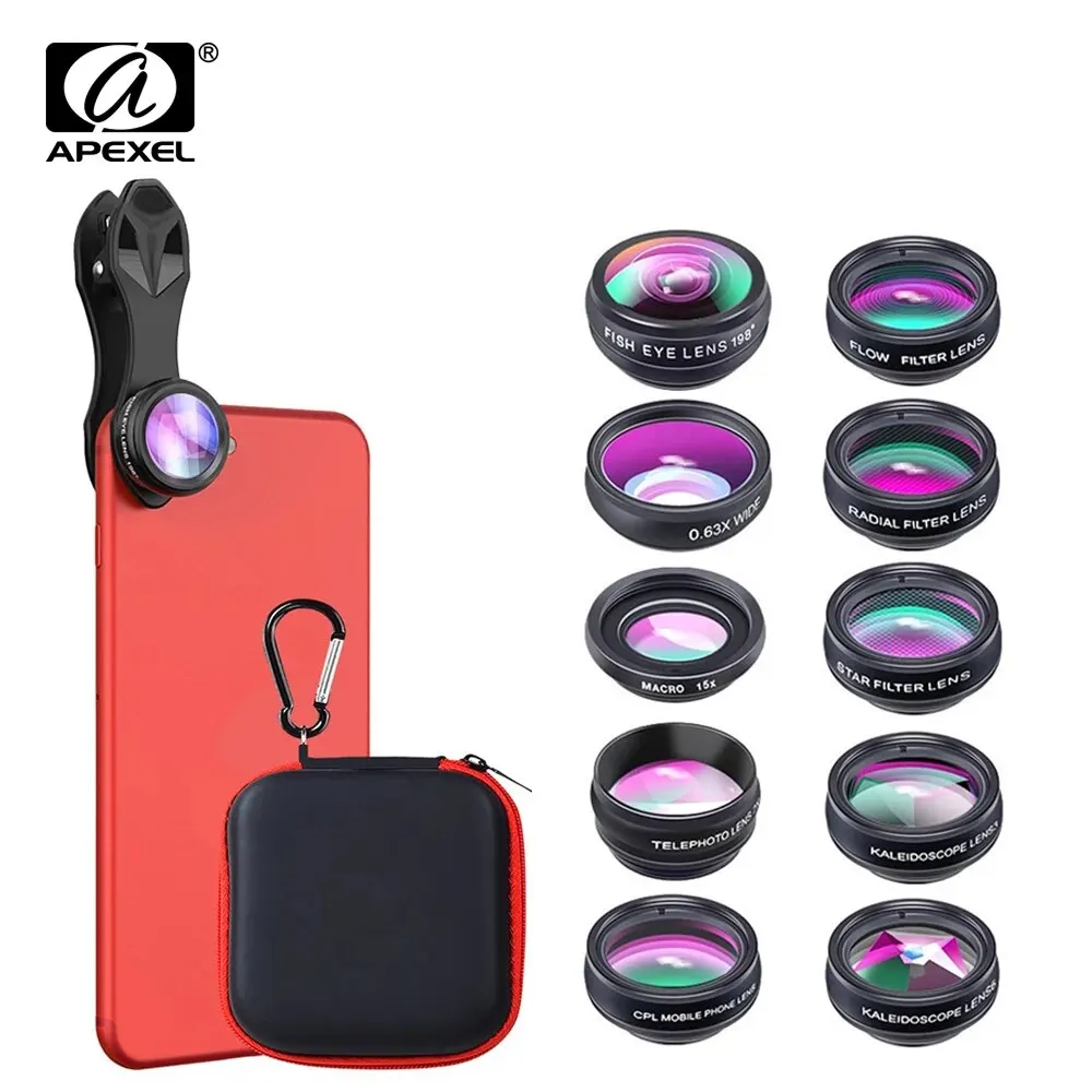 APEXEL Phone Lens Kit Universal 10 in 1 Fisheye Wide Angle Macro Lens CPL Filter Kaleidoscope+2X Telescope Lens for Smartphones