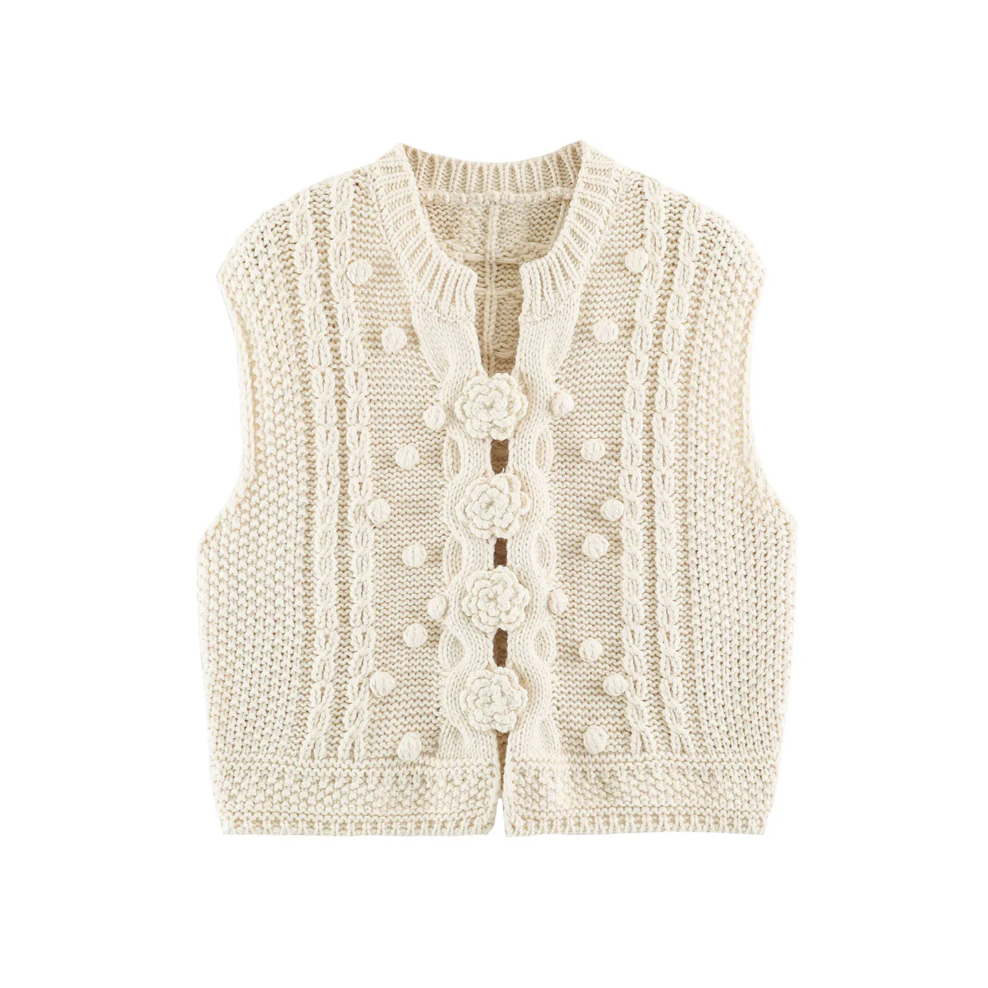 Women's Knitted Flower Ball Twist Vest Summer 2026 Casual Loose Fit round Neck Open Cardigan Style Hand Crochet Fashion Acces...