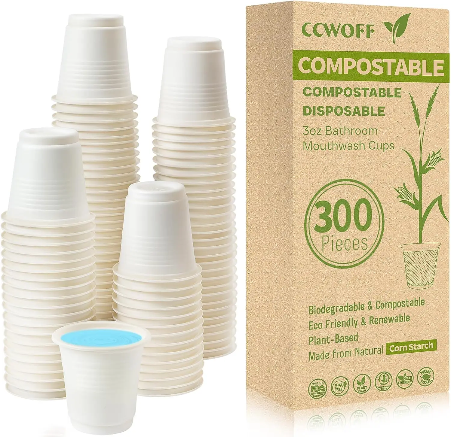 

300PCS 3 OZ Compostable Biodegradable Eco Friendly Disposable Cups for Bathroom Rinse, Drinking, and Washing
