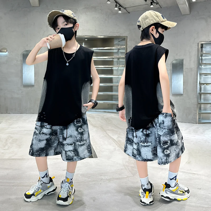 

Kids Child Retro Hip Hop Streetwear Tank Top Denim Shorts y2k Clothing Set For Boy Harajuku Fashion Top and Bottom Clothes Suit