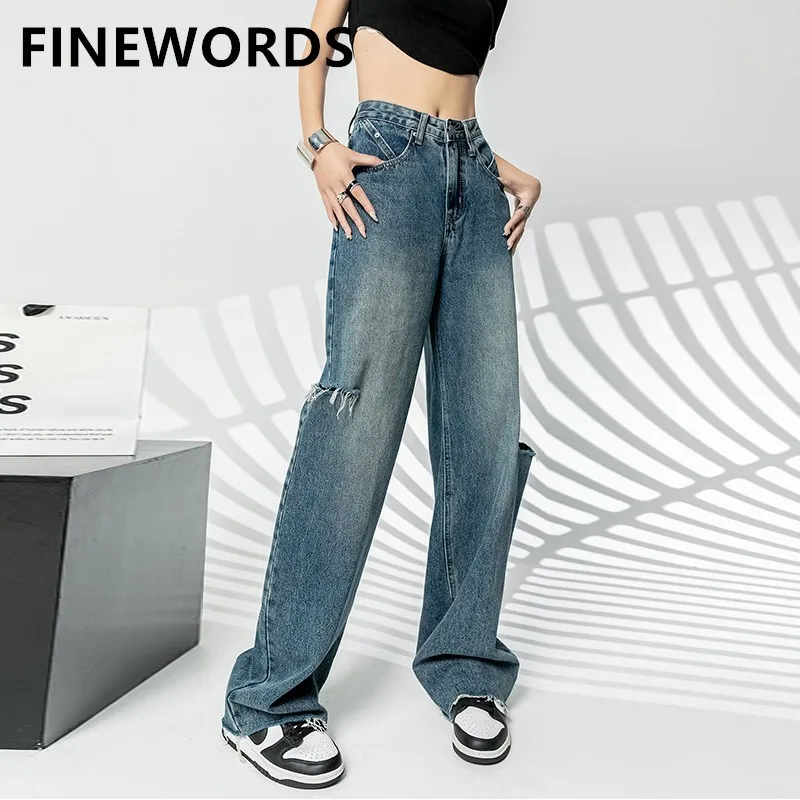 

FINEWORDS Ripped Casual Vintage Jeans Women Korean High Waist Baggy Jeans Streetwear Harajuku Full Length Washed Denim Pants