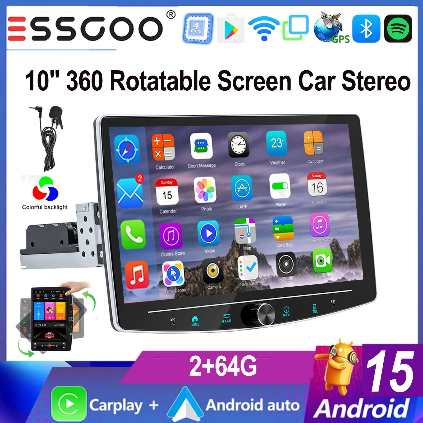 ESSGOO 10,1" Android 15 1 DIN Universeel 360 °   Draaibaar touchscreen carplay MICROFOON Android auto Autoradio Radio GPS NAVI BT WIFI FM - afbeelding 1