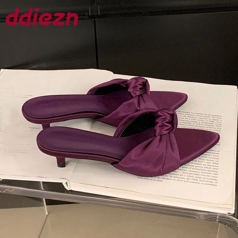 

Fashion Butterfly-Knot Ladies Heeled Slippers Shoes Summer Pointed Toe Women Low Heel Slippers Female Slides Sandals Pumps