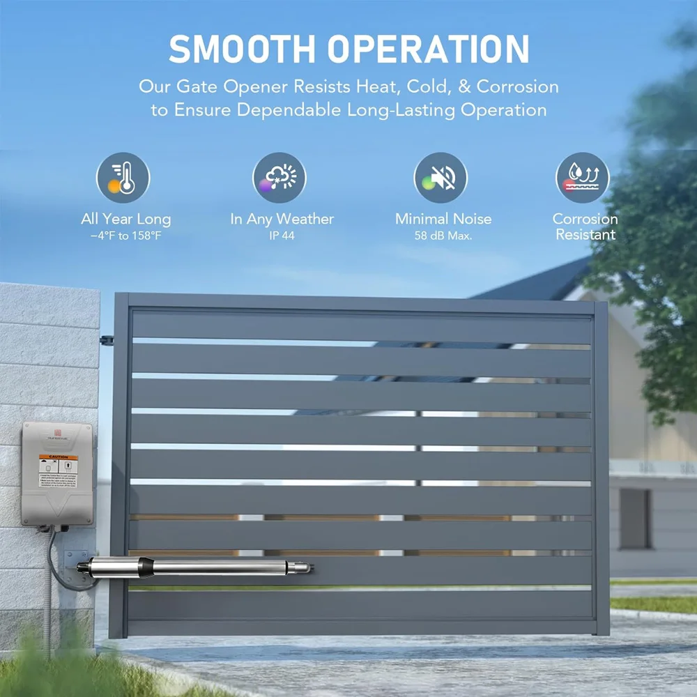 فتاحة بوابة متأرجحة واحدة (مجموعة نصف متوسطة التحمل) - جهاز تحكم عن بعد، 440 رطل بحد أقصى 16 قدم، واي فاي اختياري وطاقة شمسية