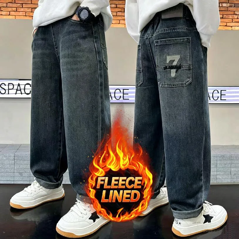 Koreanische Jeans für Jungen, geeignet für Herbst und Winter, mit dickem, weichem Futter, locker geschnitten, mit weitem Bein, warme Freizeithose, für Kinder von 4 bis 14 Jahren. – Detail 9