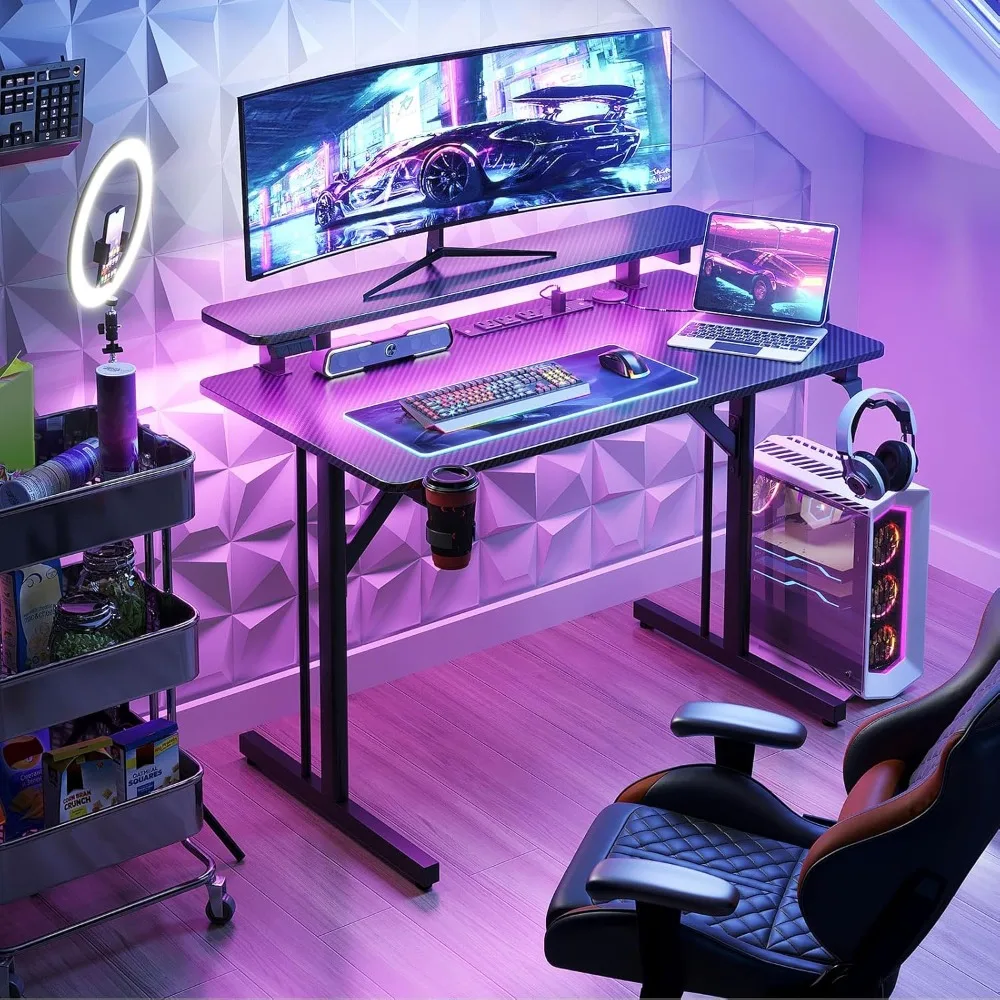 Small Gaming Desk W LED Lights & Power Outlets, Computer Desk Gaming Table W Monitor Shelf, Gamer Desk with Carbon Fiber Texture
