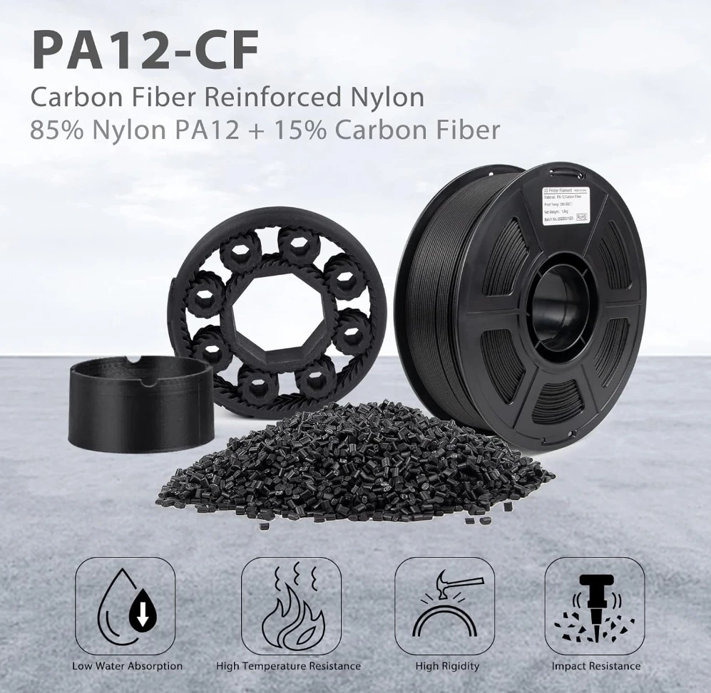 PA12-CF Nylon Filament 1.75mm Black 0.25kg, Low Moisture Sensitivity PA12-CF Carbon Fiber Nylon 1.75mm 3D Printing Filament - Image 4