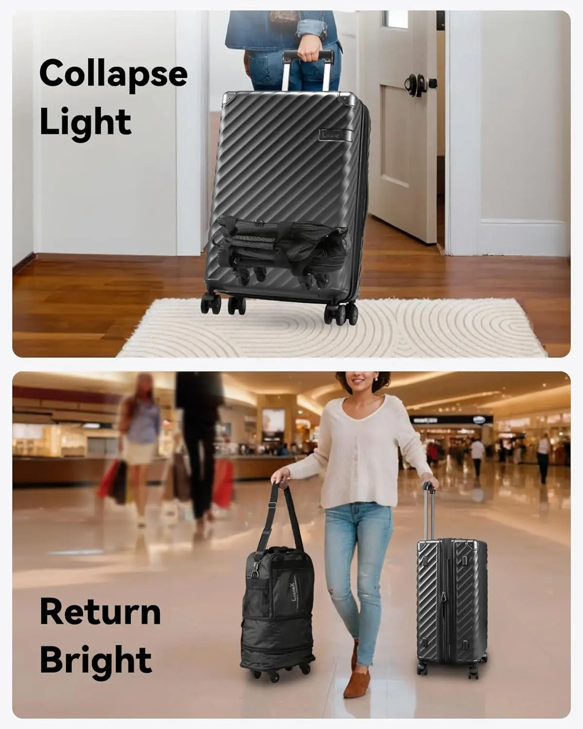 Luggex-Sac à Bagages Extensible à Roulettes, Petite Valise Pliable Sans Poignée Télescopique