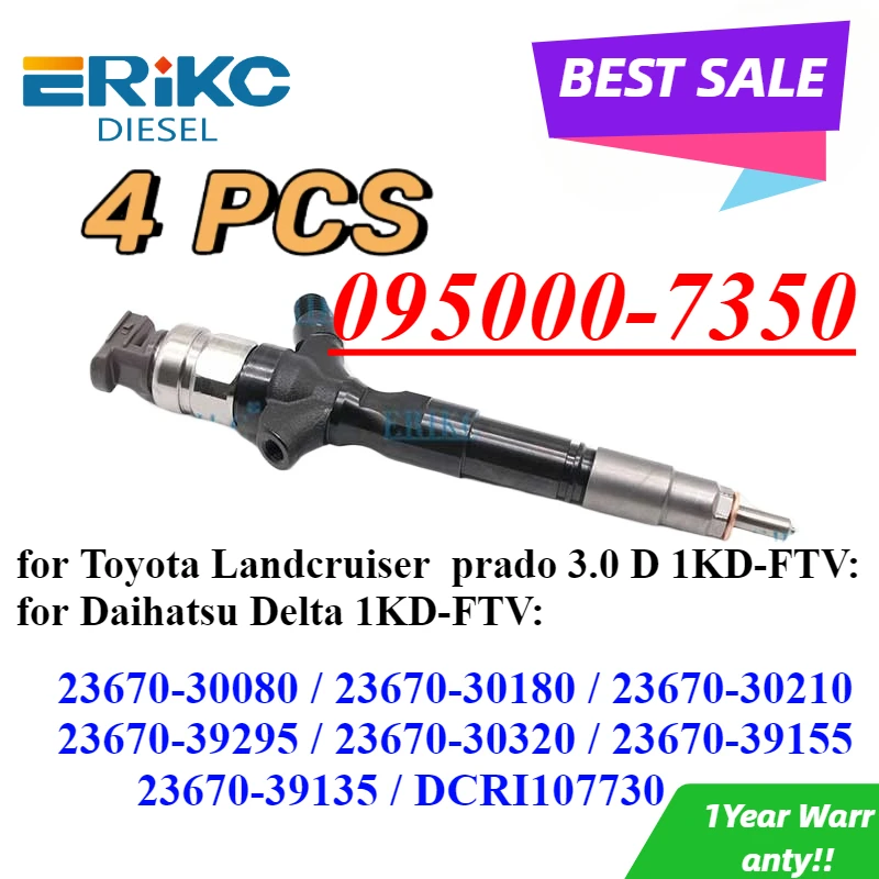 4PC 095000-7350 Diesel Injector 23670-39135 Fuel Pump Sprayer 23670-30180 for Toyota Landcruiser Prado 3.0 D 1KD-FTV 23670-39295