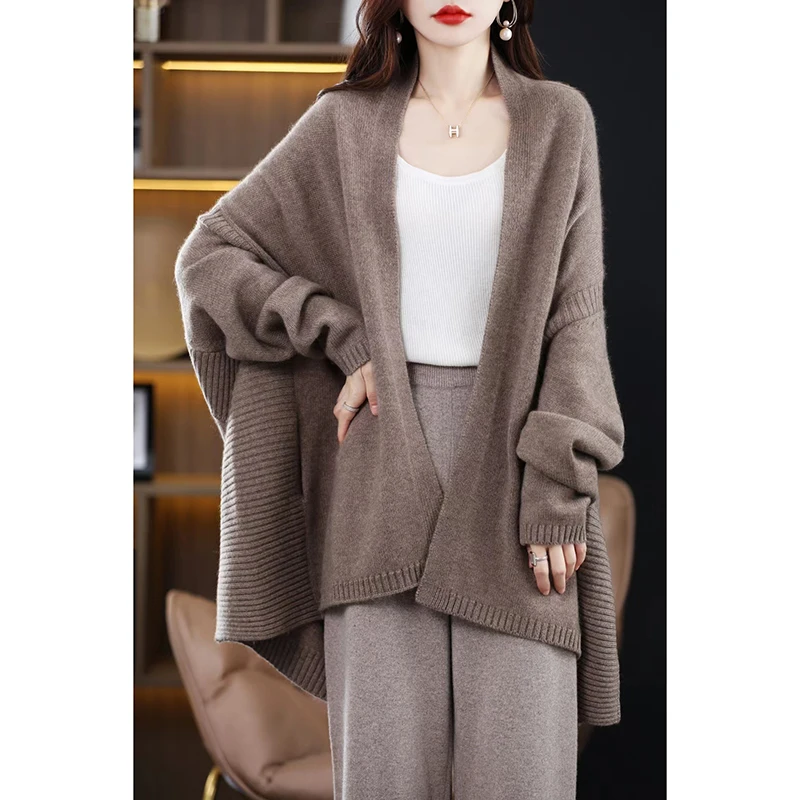 

New Autumn Winter Female 100% Merino Wool Cardigan Women Sweaters Loose Cashmere Knitwear Shawl Korean Popular Grace Tops Coat