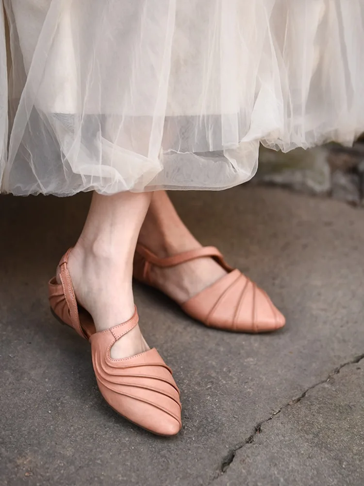 

Artmu Original Pleated Closed Toe Women Sandals Pointed Toe Genuine Leather Luxury Elastic Band Low Heel Soft Soles Beach Slides