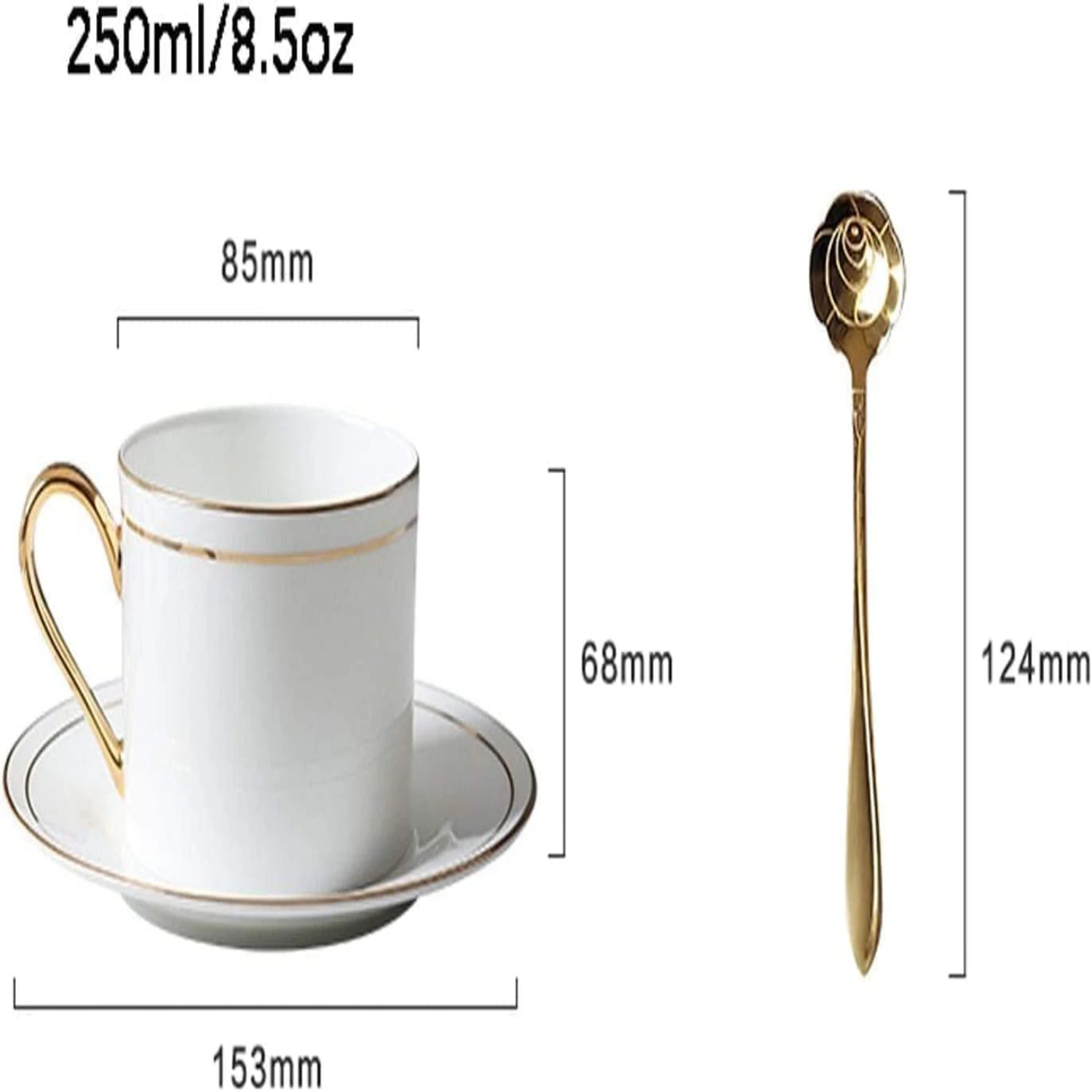 Exquisite and Beautiful White Ceramic Tea and Coffee Cups Set - Elegant 8.5 OZ Coffee Mug and Tea Cup with Ornate Golden Line De