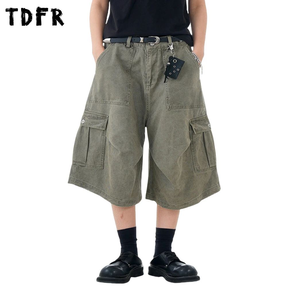 

Multi-Pocket Cargo Shorts Mens Retro Washed Distressed Safari Style Loose Wide Leg Ripped Cropped Trousers Men Short Pants