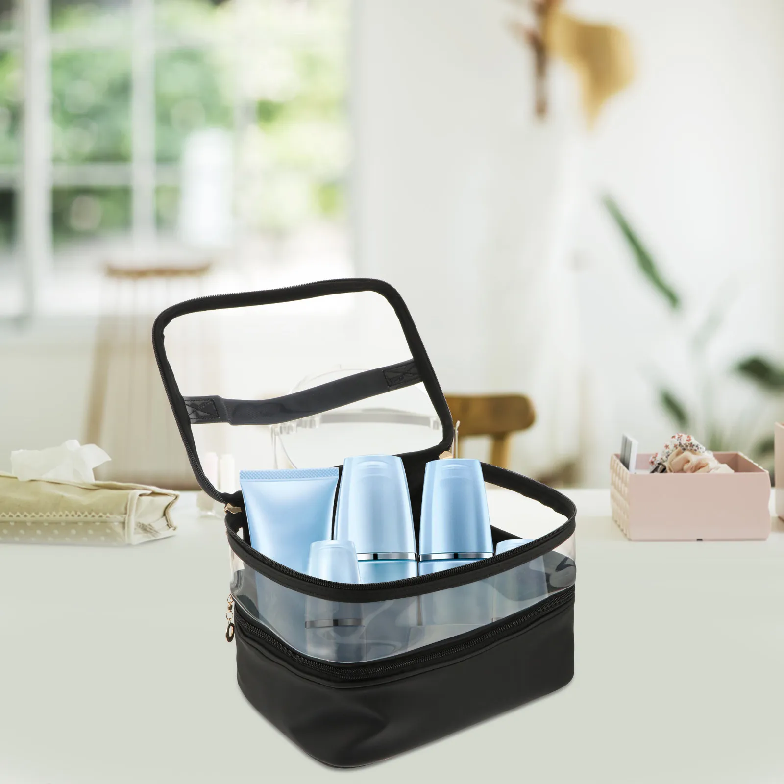 1Pcs Makeup Bag Double-Layer PU Plastic Waterproof Travel Organizer Toiletries Storage Case for Girls Ladies