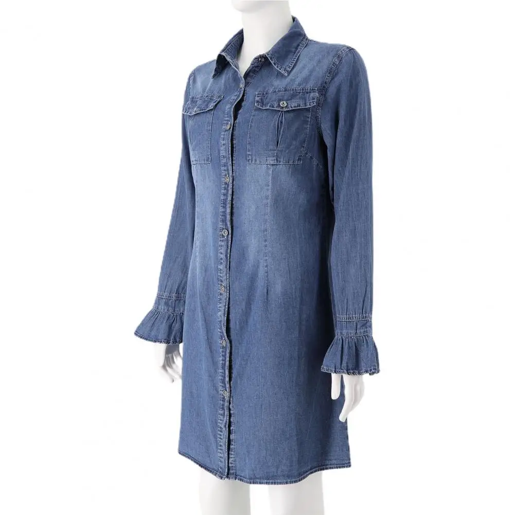 Women Lapel Shirt Dress Women Soft Dress Vintage Lady Mini Dress with Single-breasted Lapel Long Sleeves Patch Pockets for Women