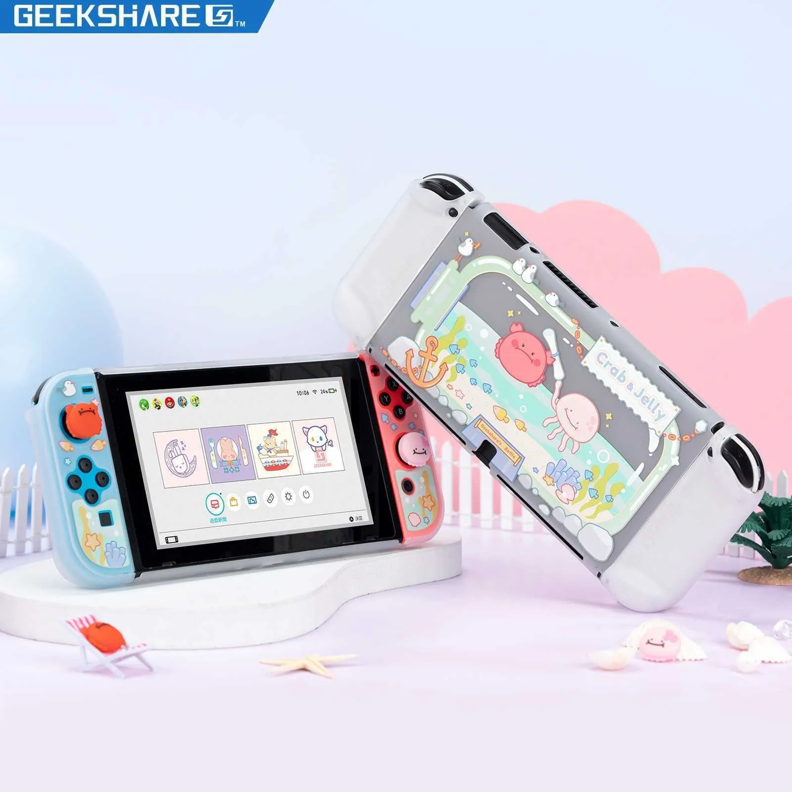 GeekShare-funda protectora de cangrejo y gelatina para Nintendo Switch, carcasa de JoyCon con temática Animal OLED, 4 tapas de agarre para el pulgar de piezas