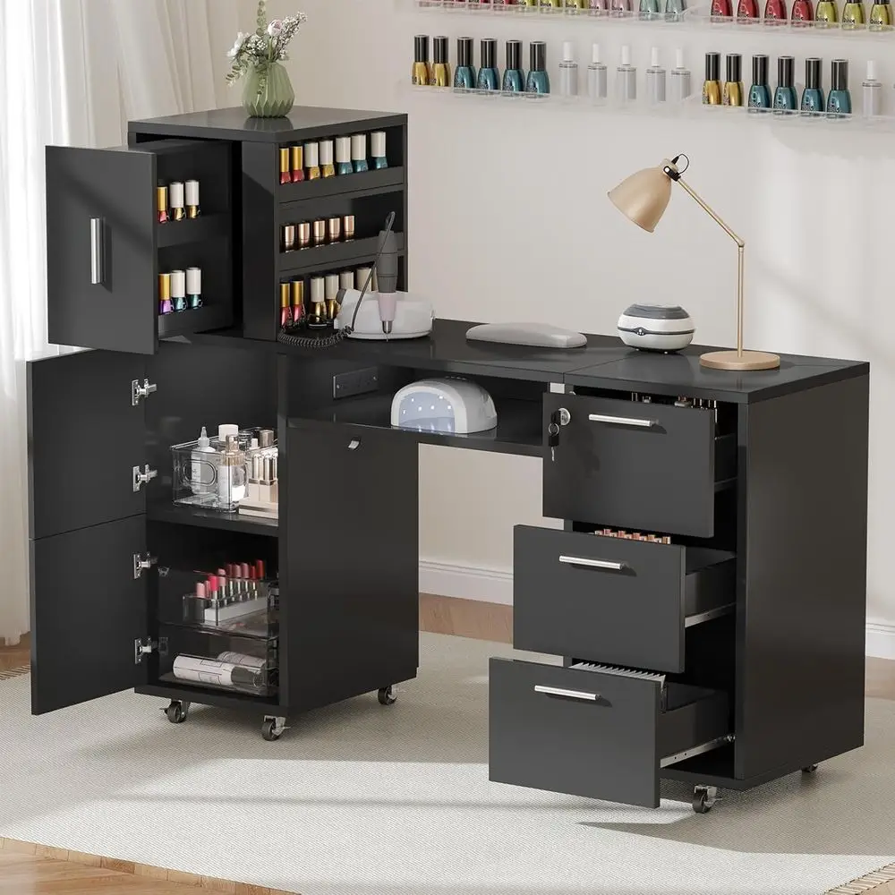 56 Professional Nail Technician Workstation with Storage, Power Outlet & Desk Space