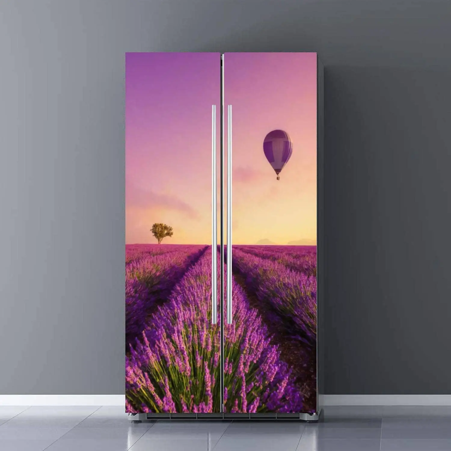 Purple Lavender Refrigerator Wrap Flower Field Scenery Decal Door Mural Sticker Removable Fridge Sticker Cover Kitchen Decor