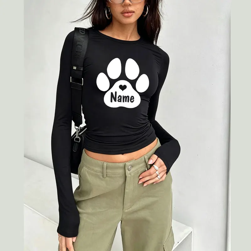Personalised Paw Print with Name Spring Autumn Women T-Shirt Causal Long Sleeve Crop Tops O Neck Pullovers Tees Slim Fit T Shirt