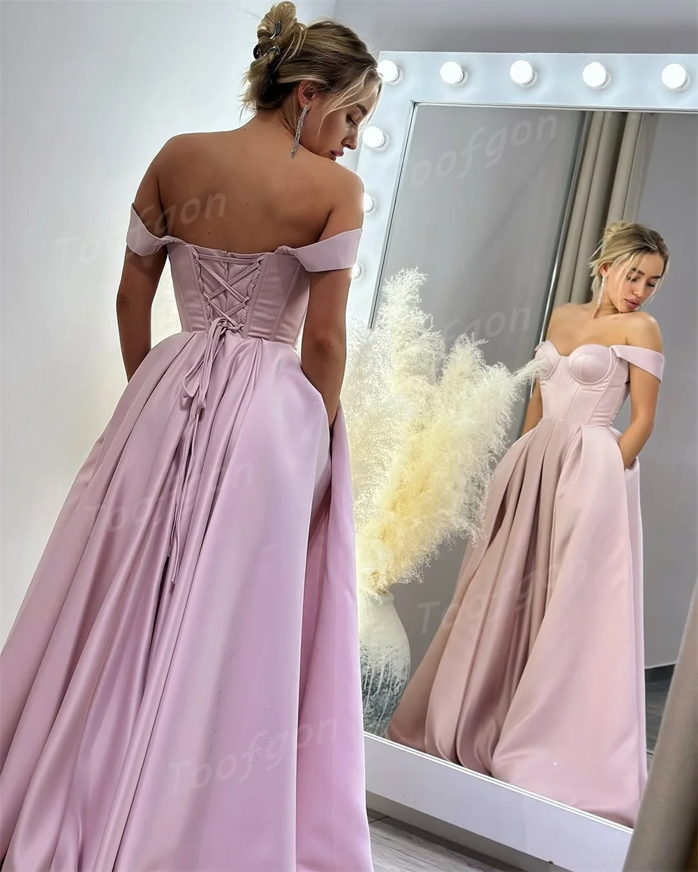 Toofgon chérie rose clair robes de soirée personnalisé a-ligne Satin haute fente formelle robes de bal Corset Occasion spéciale robe